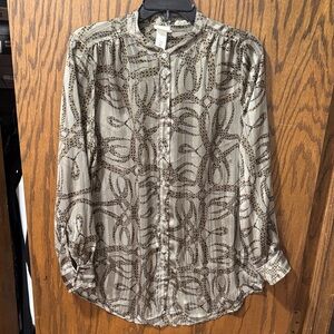 H&M Beige and Brown Patterned Silk-Blend Blouse